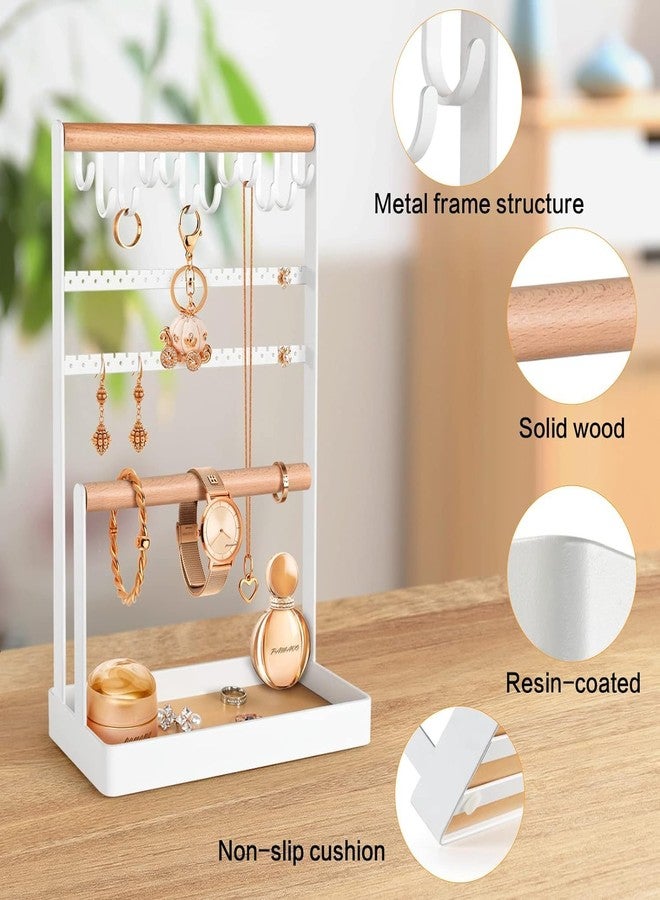 OGFC 74603 Jewelry Stand Earring Organizer, 5-Tier Necklace Holder with Ear Stud Holes Wooden Ring Tray, 12 Hooks Bracelet Hanging Storage Rack for Necklaces Earrings Rings Watches - White - Image 5