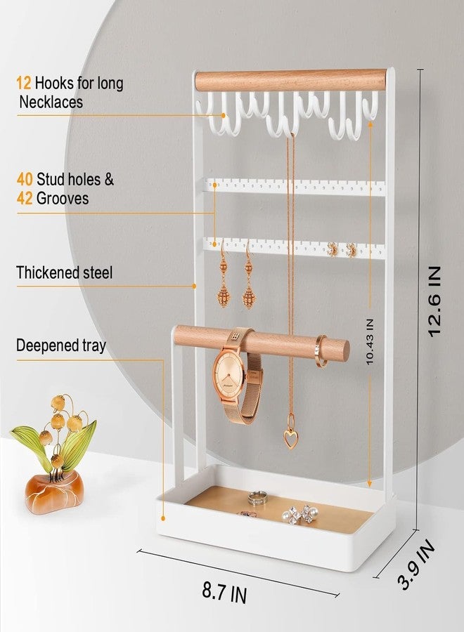 OGFC 74603 Jewelry Stand Earring Organizer, 5-Tier Necklace Holder with Ear Stud Holes Wooden Ring Tray, 12 Hooks Bracelet Hanging Storage Rack for Necklaces Earrings Rings Watches - White - Image 4