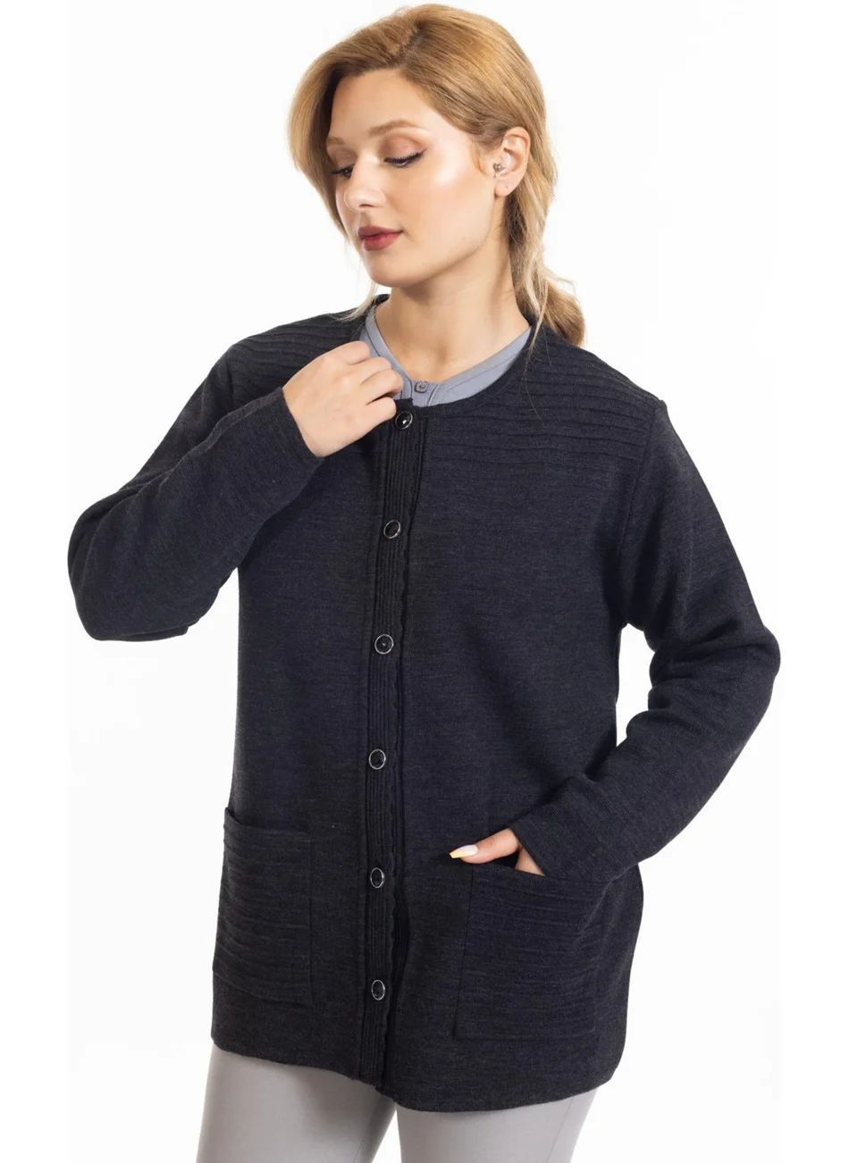 Mutlu City New Season Steel Knit Plain Model Round Neck Buttoned Mother's Knitwear Cardigan 7418