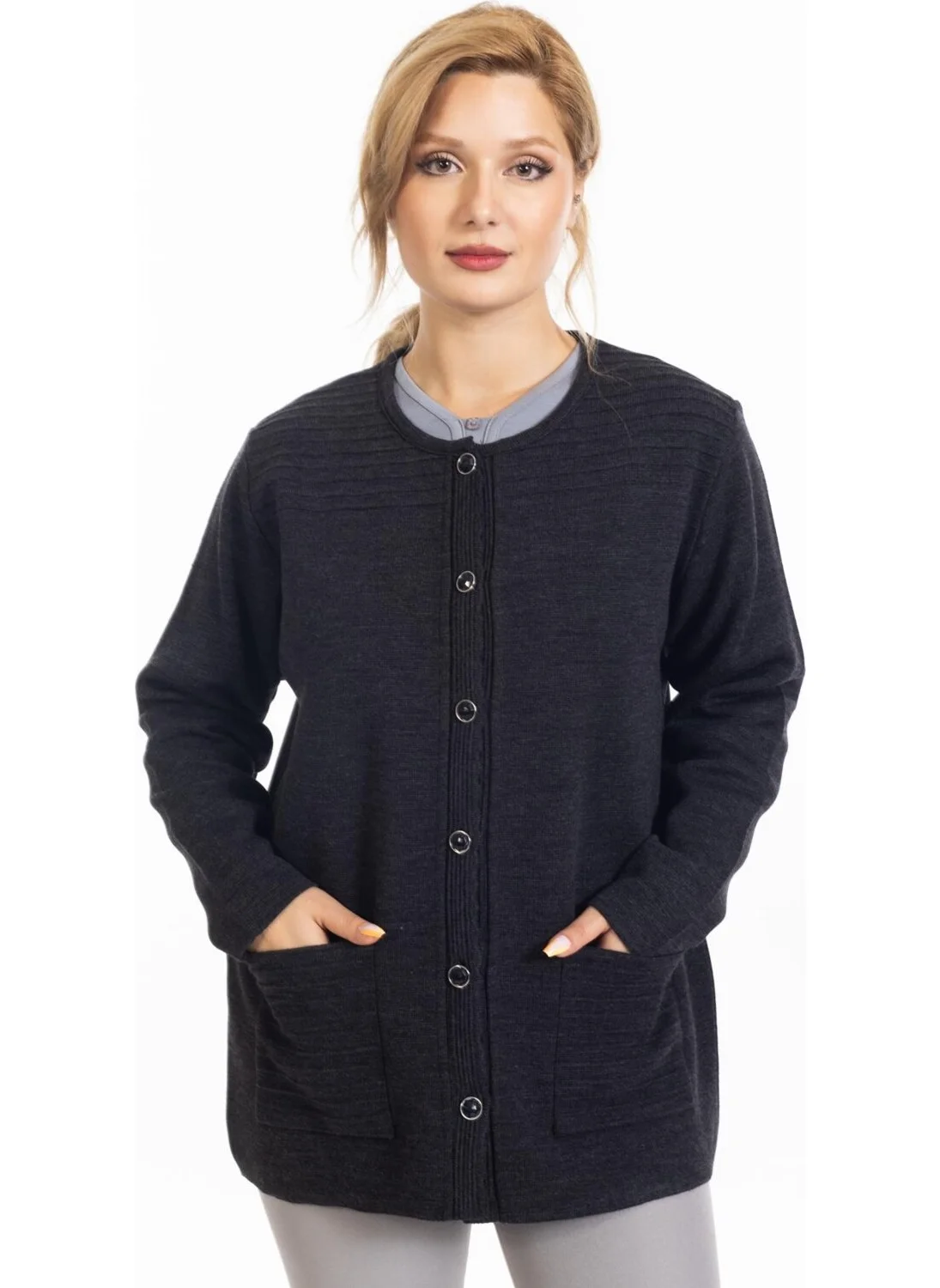 Mutlu City New Season Steel Knit Plain Model Round Neck Buttoned Mother's Knitwear Cardigan 7418