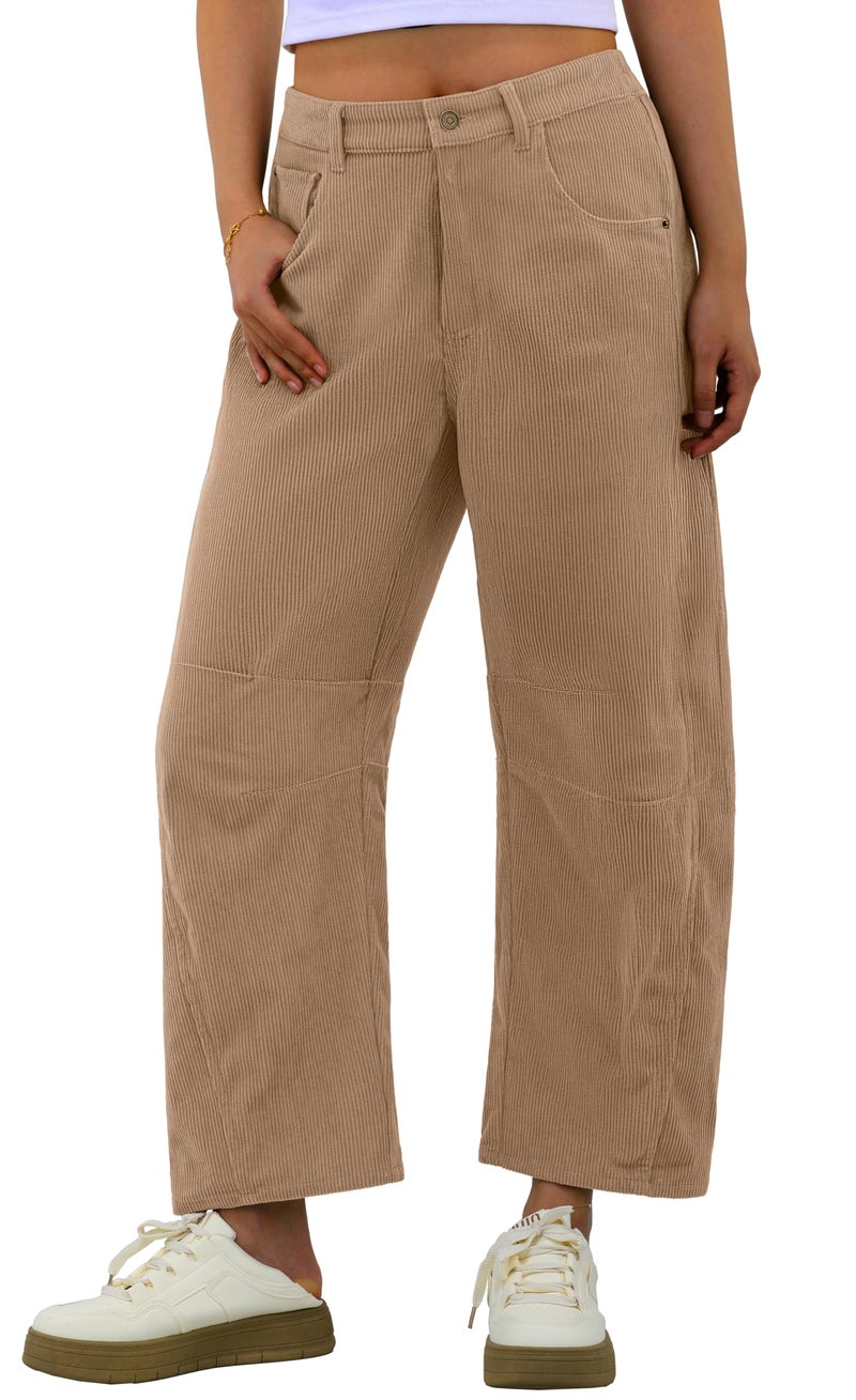 IWOLLENCE Women's Corduroy Barrel Pants Mid-Rise Elastic Waist Casual Cord Wide Legs Baggy Pant with Pockets Trendy Fall Khaki, L - Image 1