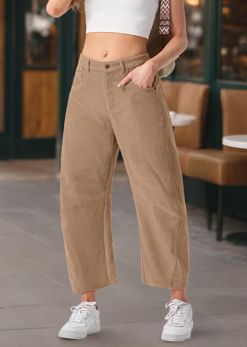 IWOLLENCE Women's Corduroy Barrel Pants Mid-Rise Elastic Waist Casual Cord Wide Legs Baggy Pant with Pockets Trendy Fall Khaki, L - Image 2