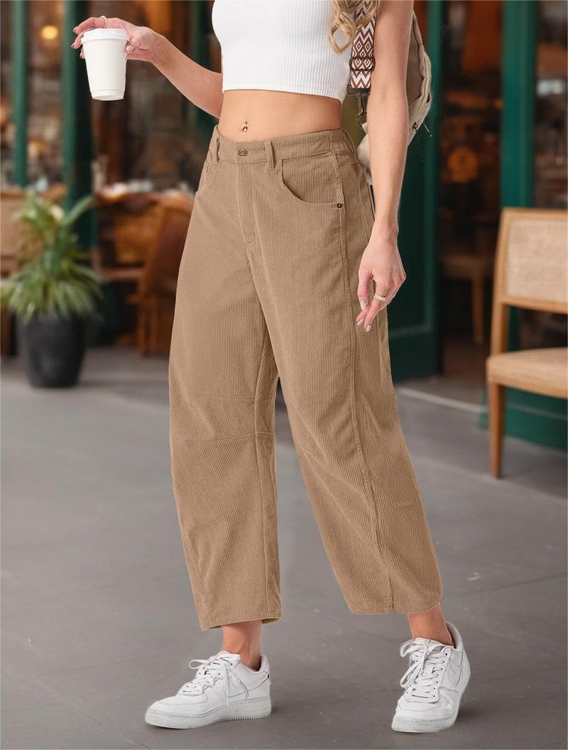 IWOLLENCE Women's Corduroy Barrel Pants Mid-Rise Elastic Waist Casual Cord Wide Legs Baggy Pant with Pockets Trendy Fall Khaki, L - Image 3