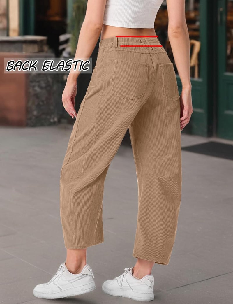 IWOLLENCE Women's Corduroy Barrel Pants Mid-Rise Elastic Waist Casual Cord Wide Legs Baggy Pant with Pockets Trendy Fall Khaki, L - Image 4