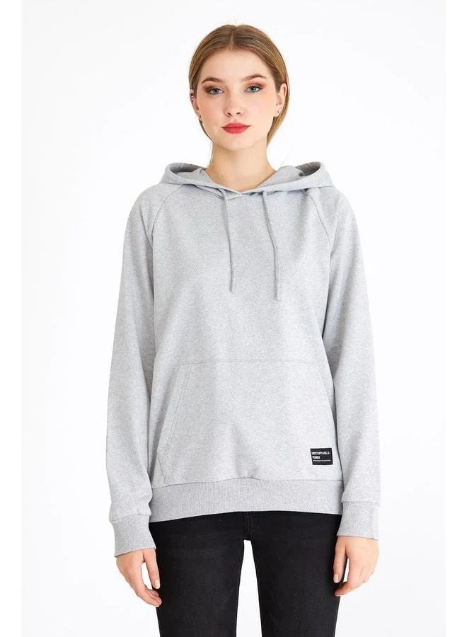 mmetalic Women's Gray Basic Hooded Knitted Sweatshirt