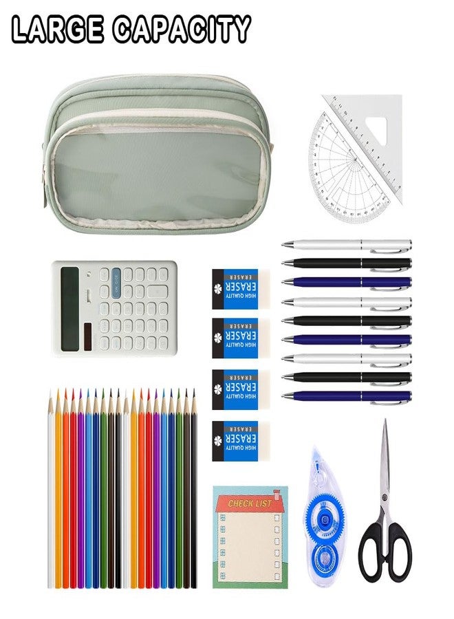 iSuperb Large Capacity Pencil Case with Compartments, Cute Transparent Pencil Pouch with Zipper, Big Storage Pen Bag for Men Women, Adult Stationery Pen Bag for Travel and Office (Green) - Image 3