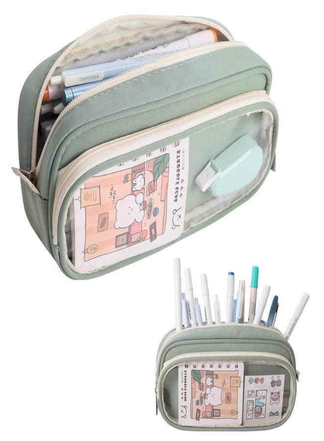 iSuperb Large Capacity Pencil Case with Compartments, Cute Transparent Pencil Pouch with Zipper, Big Storage Pen Bag for Men Women, Adult Stationery Pen Bag for Travel and Office (Green) - Image 1