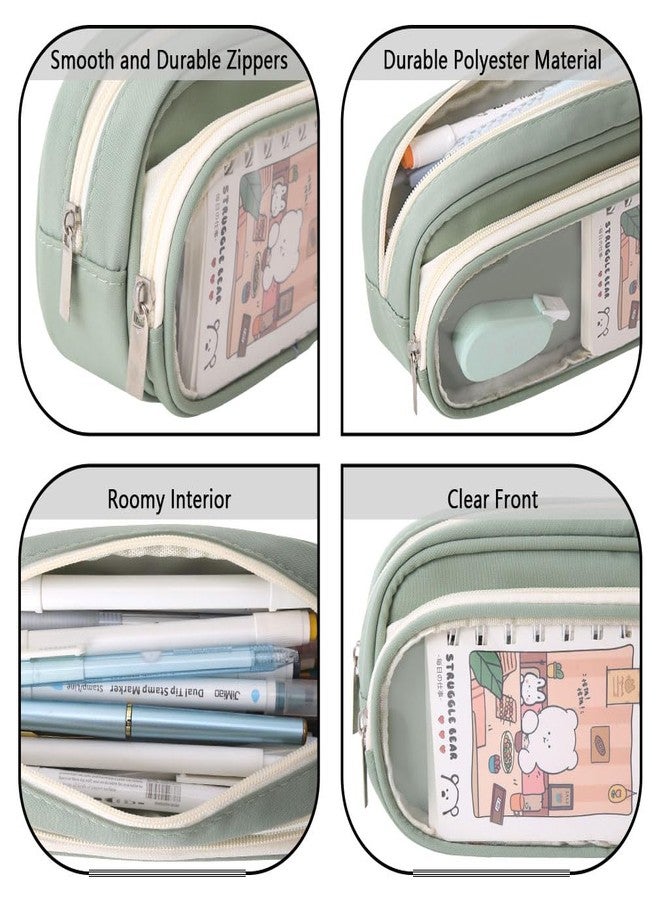 iSuperb Large Capacity Pencil Case with Compartments, Cute Transparent Pencil Pouch with Zipper, Big Storage Pen Bag for Men Women, Adult Stationery Pen Bag for Travel and Office (Green) - Image 2