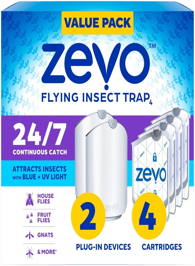 Zevo Flying Insect Trap, Fly Trap Value Pack + Refill Cartridge Pack (2 Plug in Base + 4 Total Refill Cartridges) - Image 1