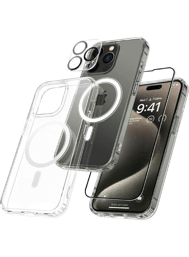 مجموعة حماية لموبايل آيفون 14 برو ماكس (iPhone 14 Pro Max) واقي شاشة من الزجاج المقسى، واقي عدسات الكاميرا، جراب ماج سيف مقاوم للصدمات والخدش، سلسلة كلاسيكية أكريليك، شفاف (3in1) - Image 1