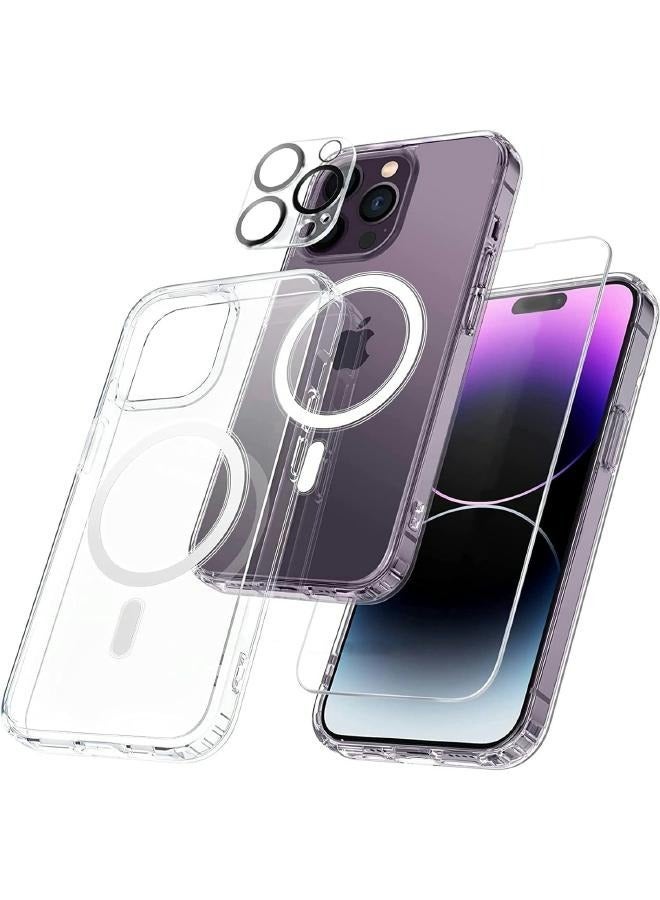 مجموعة حماية لموبايل آيفون 14 برو ماكس (iPhone 14 Pro Max) واقي شاشة من الزجاج المقسى، واقي عدسات الكاميرا، جراب ماج سيف مقاوم للصدمات والخدش، سلسلة كلاسيكية أكريليك، شفاف (3in1) - Image 4