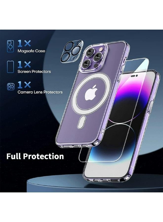 مجموعة حماية لموبايل آيفون 14 برو ماكس (iPhone 14 Pro Max) واقي شاشة من الزجاج المقسى، واقي عدسات الكاميرا، جراب ماج سيف مقاوم للصدمات والخدش، سلسلة كلاسيكية أكريليك، شفاف (3in1) - Image 3