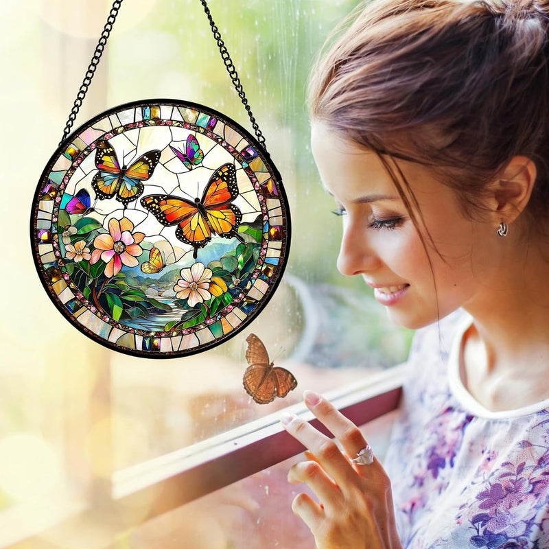 DASTOLL Stained Glass Window Hanging,Butterflies Flying in the Sky Sunburner Home Sun Catchers for Doors Decoration and Christmas, Mother's Day Birthday Gifts for Women, Men and Moms 7.8" - Image 5