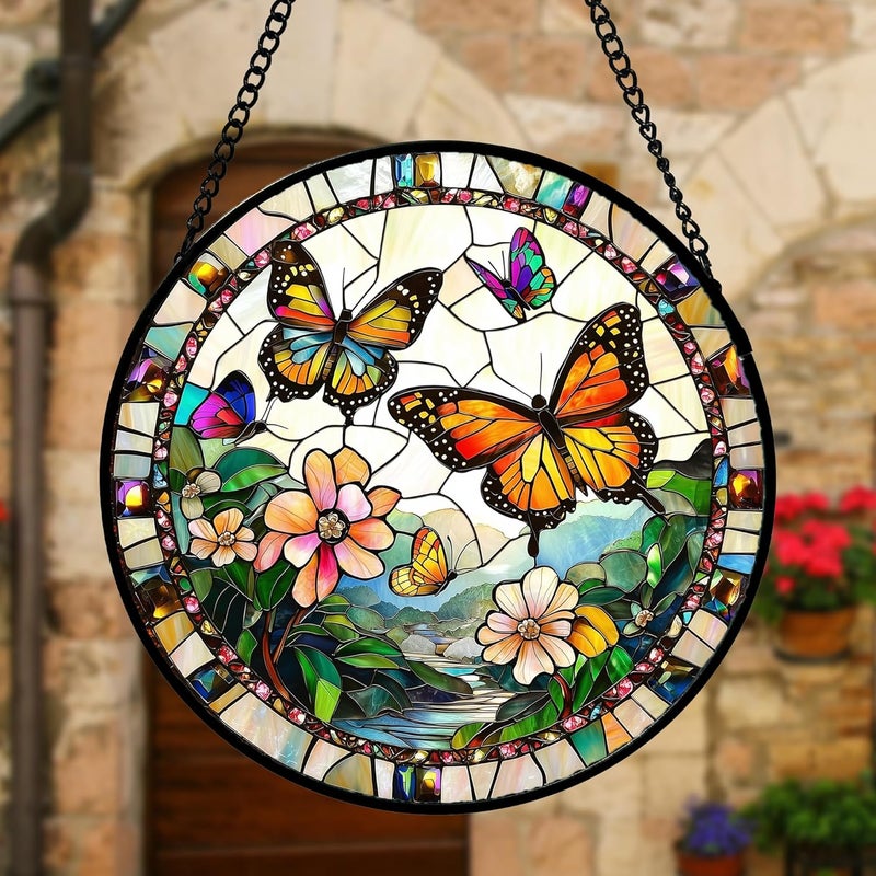 DASTOLL Stained Glass Window Hanging,Butterflies Flying in the Sky Sunburner Home Sun Catchers for Doors Decoration and Christmas, Mother's Day Birthday Gifts for Women, Men and Moms 7.8" - Image 4