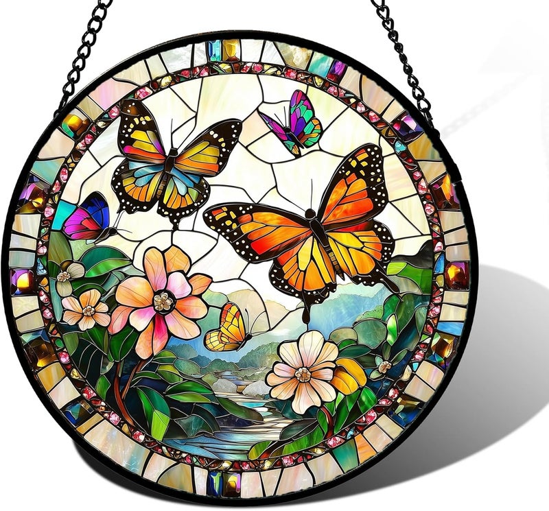 DASTOLL Stained Glass Window Hanging,Butterflies Flying in the Sky Sunburner Home Sun Catchers for Doors Decoration and Christmas, Mother's Day Birthday Gifts for Women, Men and Moms 7.8" - Image 1