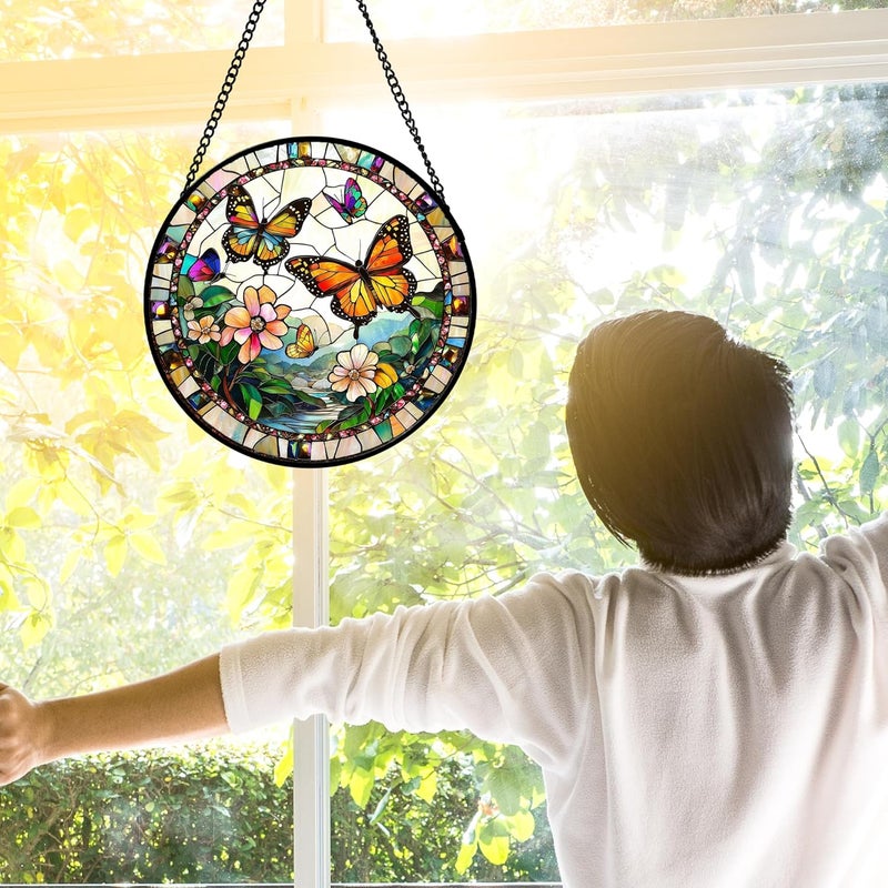 DASTOLL Stained Glass Window Hanging,Butterflies Flying in the Sky Sunburner Home Sun Catchers for Doors Decoration and Christmas, Mother's Day Birthday Gifts for Women, Men and Moms 7.8" - Image 3