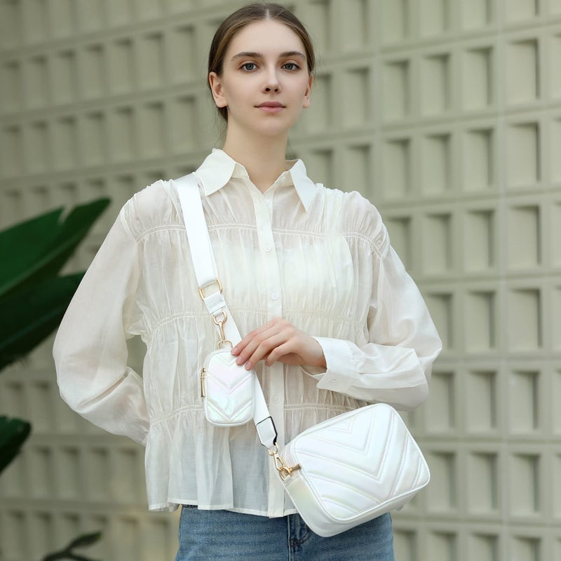 Herald Chevron Quilted Small Crossbody Bag with Coin Purse Pouch, Women Square Camera Side Shoulder 2 Size Handbags (Colorful White) - Image 3