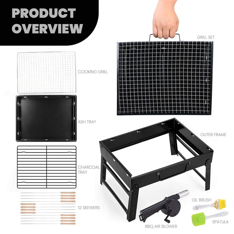 ORILEY شواية فحم محمولة ثقيلة | 12 سيخ | 1 منفاخ هواء | 1 ملعقة و 1 فرشاة زيت أدوات شواء قابلة للطي للاستخدام المنزلي في الهواء الطلق للتخييم والنزهات والسفر والطهي (مجموعة من 1، أسود) - Image 2