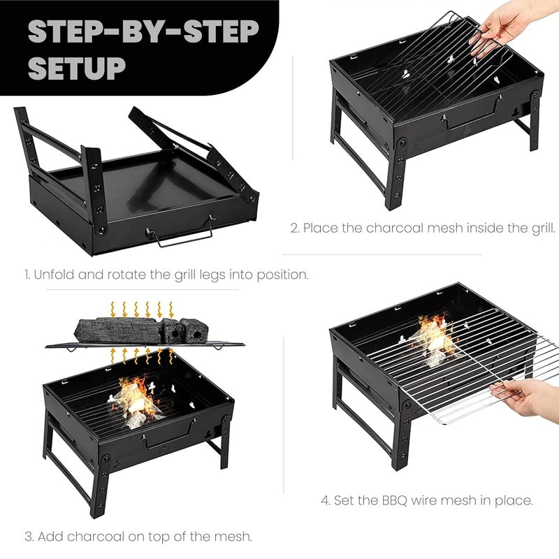 ORILEY شواية فحم محمولة ثقيلة | 12 سيخ | 1 منفاخ هواء | 1 ملعقة و 1 فرشاة زيت أدوات شواء قابلة للطي للاستخدام المنزلي في الهواء الطلق للتخييم والنزهات والسفر والطهي (مجموعة من 1، أسود) - Image 5