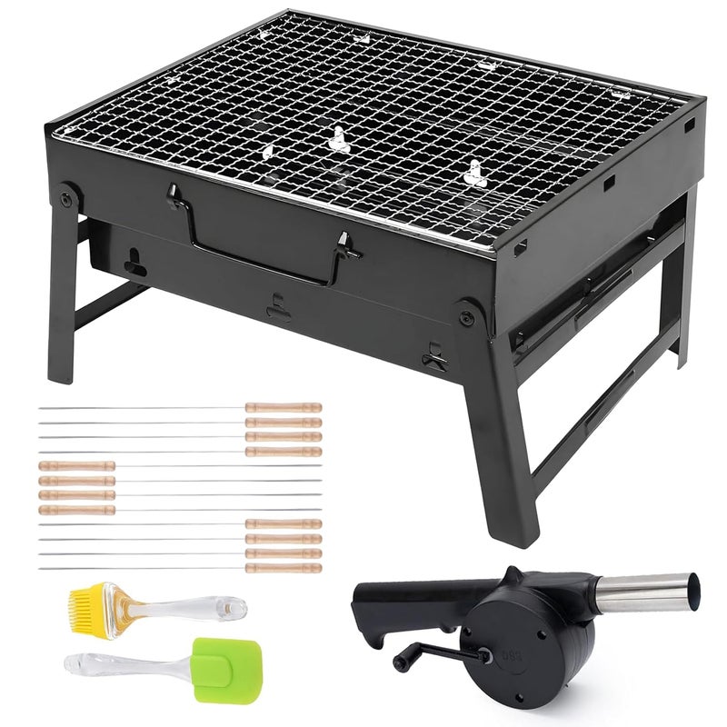 ORILEY شواية فحم محمولة ثقيلة | 12 سيخ | 1 منفاخ هواء | 1 ملعقة و 1 فرشاة زيت أدوات شواء قابلة للطي للاستخدام المنزلي في الهواء الطلق للتخييم والنزهات والسفر والطهي (مجموعة من 1، أسود) - Image 4