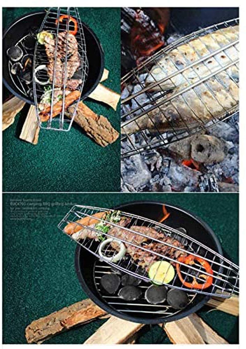 Lomesh Stainless Steel Portable Barbecue Fish BBQ Grill Net Basket Roast Plated Grilling Tray with Wooden Handle and Clip Suitable for Grilling Fish Meat or Veggies - Image 3