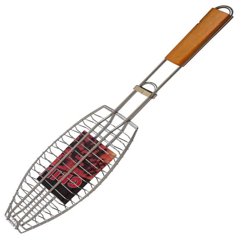 Lomesh Stainless Steel Portable Barbecue Fish BBQ Grill Net Basket Roast Plated Grilling Tray with Wooden Handle and Clip Suitable for Grilling Fish Meat or Veggies - Image 1