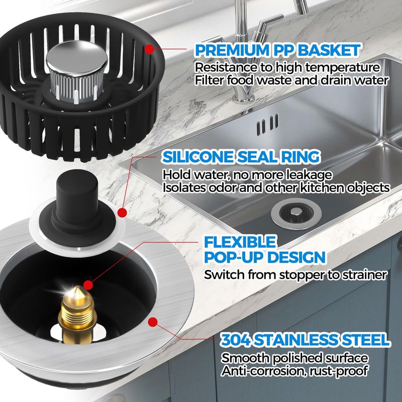 zaa Sink Drain Strainer - 3 in 1 Kitchen Sink Stopper, Stainless Steel Kitchen Drain Plug & Cover with Anti-Clogging Basket Strainer, Fit US Standard 3-1/2'' Sink Drain Hole, Brushed Black - Image 5