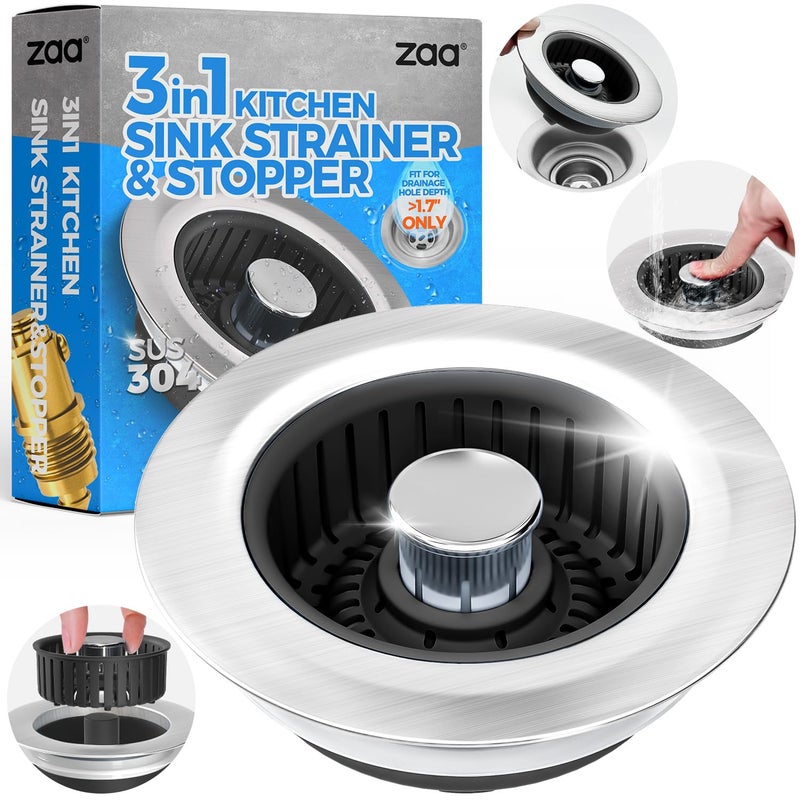 zaa Sink Drain Strainer - 3 in 1 Kitchen Sink Stopper, Stainless Steel Kitchen Drain Plug & Cover with Anti-Clogging Basket Strainer, Fit US Standard 3-1/2'' Sink Drain Hole, Brushed Black - Image 1