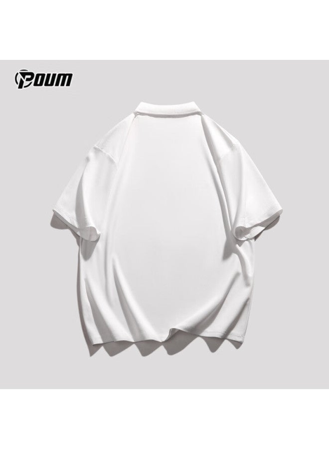 Poum American-style Polo Collar Men's Summer Short-sleeve T-shirt, Loose Trendy Casual Top Undershirt Ph18 White 2XL - Image 4