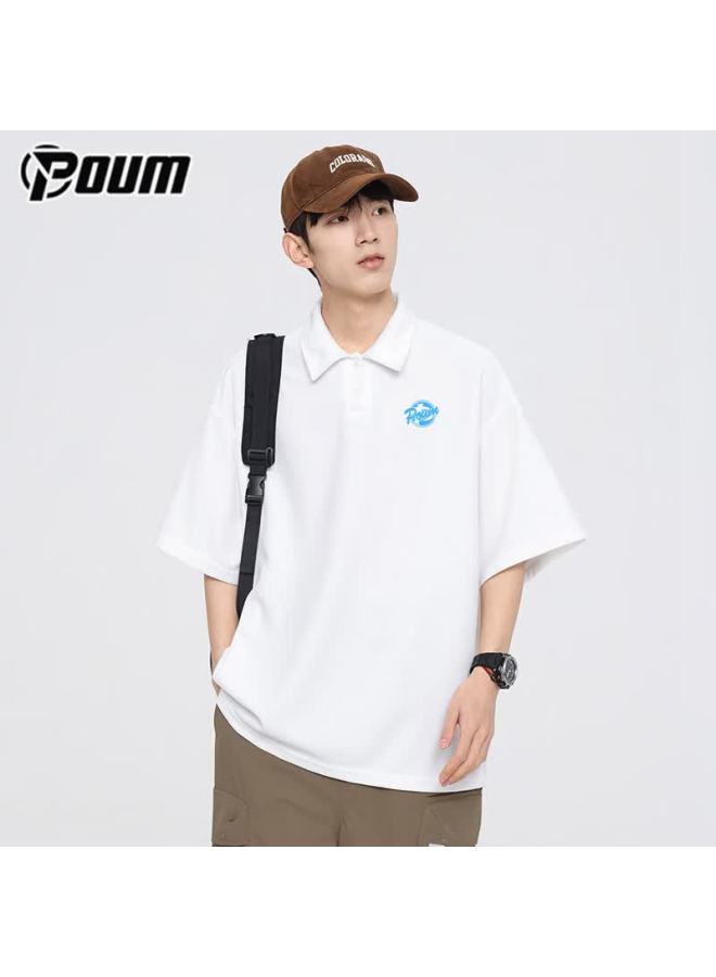 Poum American-style Polo Collar Men's Summer Short-sleeve T-shirt, Loose Trendy Casual Top Undershirt Ph18 White 2XL - Image 1