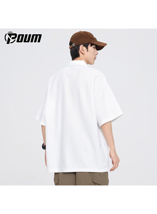 Poum American-style Polo Collar Men's Summer Short-sleeve T-shirt, Loose Trendy Casual Top Undershirt Ph18 White 2XL - Image 2
