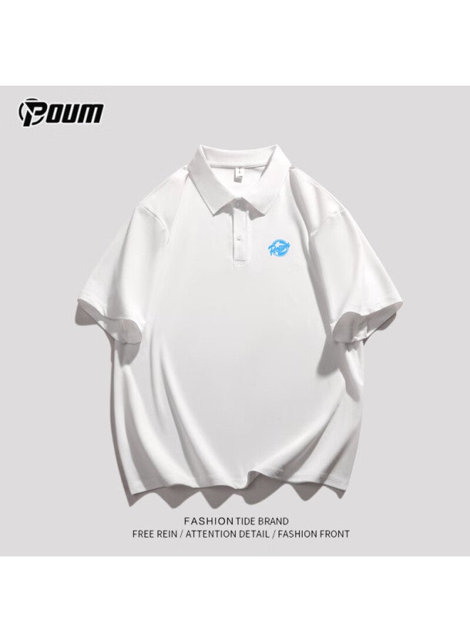 Poum American-style Polo Collar Men's Summer Short-sleeve T-shirt, Loose Trendy Casual Top Undershirt Ph18 White 2XL - Image 3