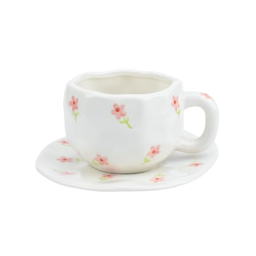 Koythin Ceramic Coffee Mug with Saucer Set, Cute Pink Small Flower Cup Unique for Office and Home, 10 oz/300 ml for Latte Tea Milk - Image 1