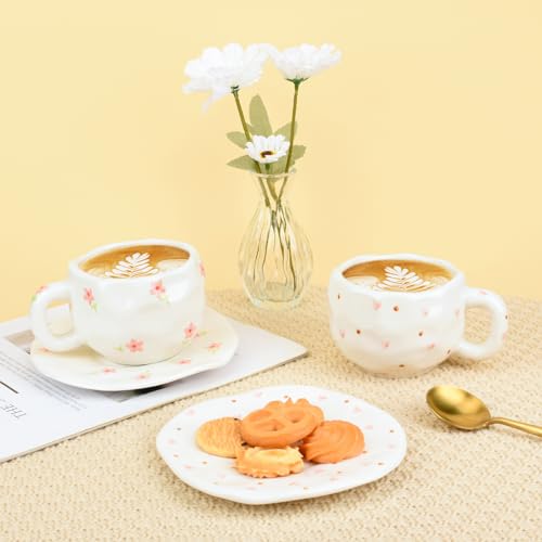 Koythin Ceramic Coffee Mug with Saucer Set, Cute Pink Small Flower Cup Unique for Office and Home, 10 oz/300 ml for Latte Tea Milk - Image 5