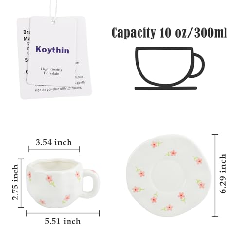 Koythin Ceramic Coffee Mug with Saucer Set, Cute Pink Small Flower Cup Unique for Office and Home, 10 oz/300 ml for Latte Tea Milk - Image 2