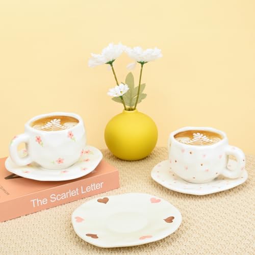 Koythin Ceramic Coffee Mug with Saucer Set, Cute Pink Small Flower Cup Unique for Office and Home, 10 oz/300 ml for Latte Tea Milk - Image 4