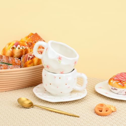Koythin Ceramic Coffee Mug with Saucer Set, Cute Pink Small Flower Cup Unique for Office and Home, 10 oz/300 ml for Latte Tea Milk - Image 3