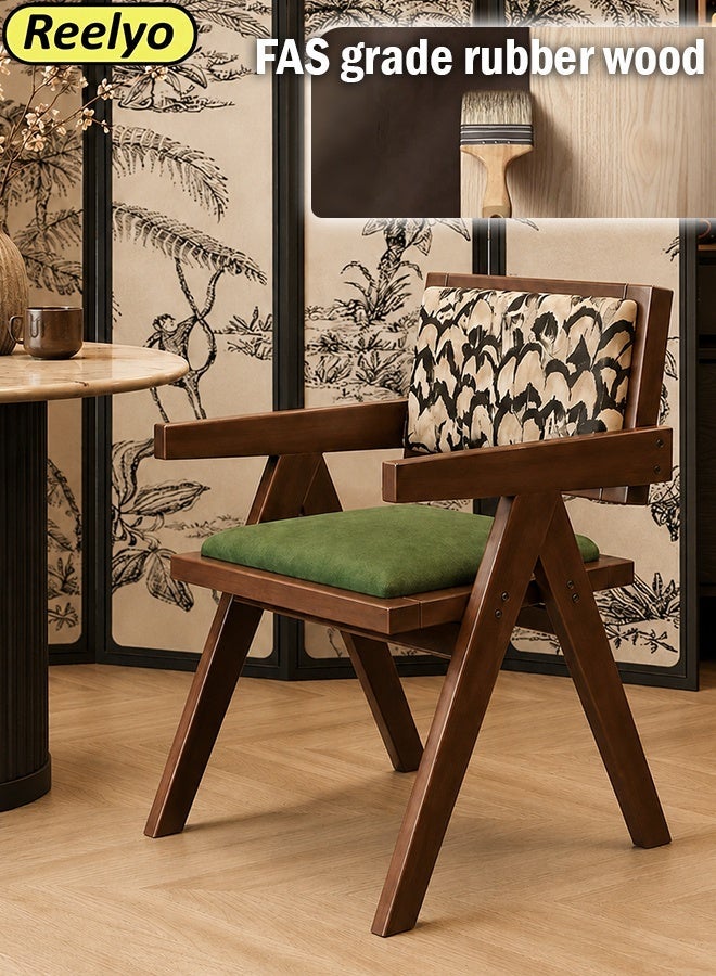 Reelyo Solid Rubberwood Accent Chair, Mid-Century French Style Armchair with Feather Pattern Velvet Backrest, Green High-Density Foam Seat Cushion, Formaldehyde-Free Adhesive Modern Leisure Chair for Living Room, Dining Room, Home Office, Cafe and Restaurant Commercial Use, Brown - Image 1