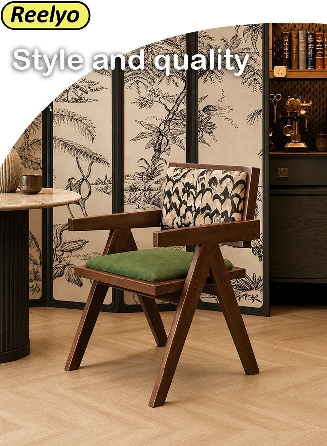 Reelyo Solid Rubberwood Accent Chair, Mid-Century French Style Armchair with Feather Pattern Velvet Backrest, Green High-Density Foam Seat Cushion, Formaldehyde-Free Adhesive Modern Leisure Chair for Living Room, Dining Room, Home Office, Cafe and Restaurant Commercial Use, Brown - Image 3