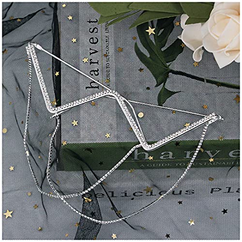Naimo Sparkling Rhinestone No Lens Sunglasses Diamond Decor V Shape Metal Half Glasses Frame with Chain - Image 5