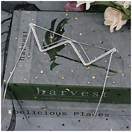 Naimo Sparkling Rhinestone No Lens Sunglasses Diamond Decor V Shape Metal Half Glasses Frame with Chain - Image 4