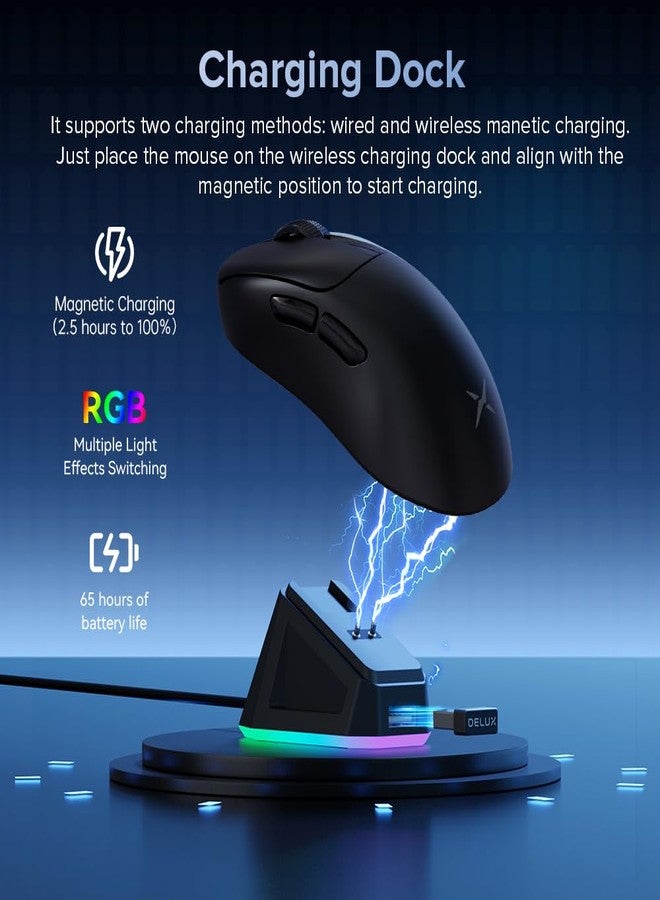 DeLUX M500 PRO Wireless Ergonomic Gaming Mouse, 58.5g Lightweight, 8000Hz Polling Rate, RGB Charging Dock, PAW3395 with 26000DPI, Tri-Mode Connection, TTC Golden Wheel (Black) - Image 3