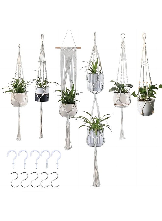 6-piece Bohemian-style hanging plant basket set, handwoven plant basket, vertical indoor hanging planter set with ceiling and wall hooks, suitable for home garden decoration. - Image 1