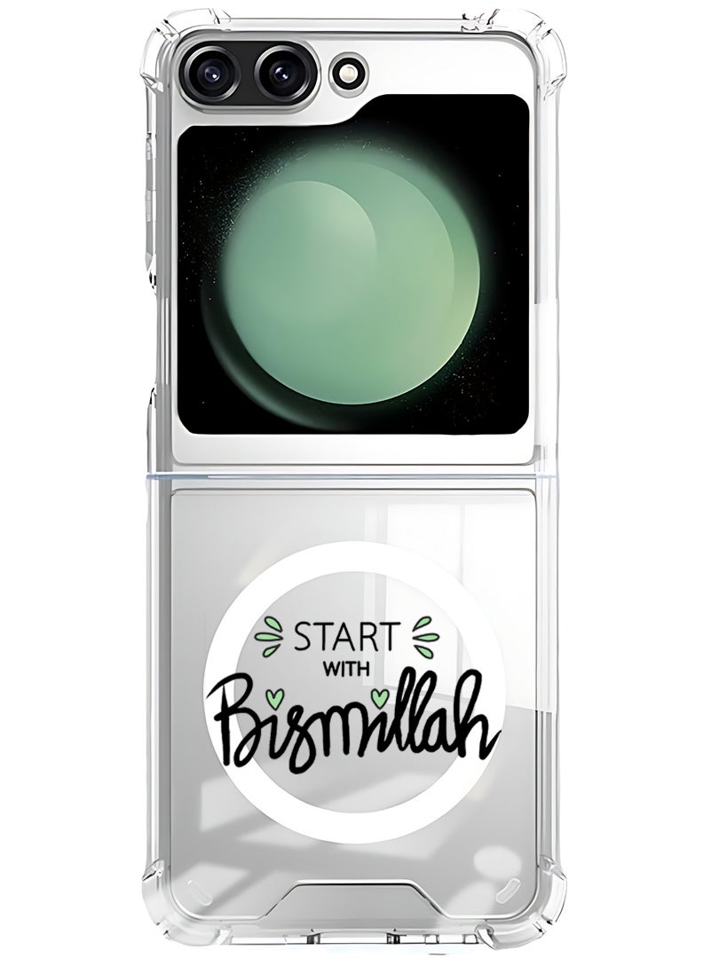 Theodor Magnetic Case for Samsung Galaxy Z Flip 5 Compatible with MagSafe Wireless Charging, Shockproof Phone Bumper Cover Start with Bismillah Black - Image 1