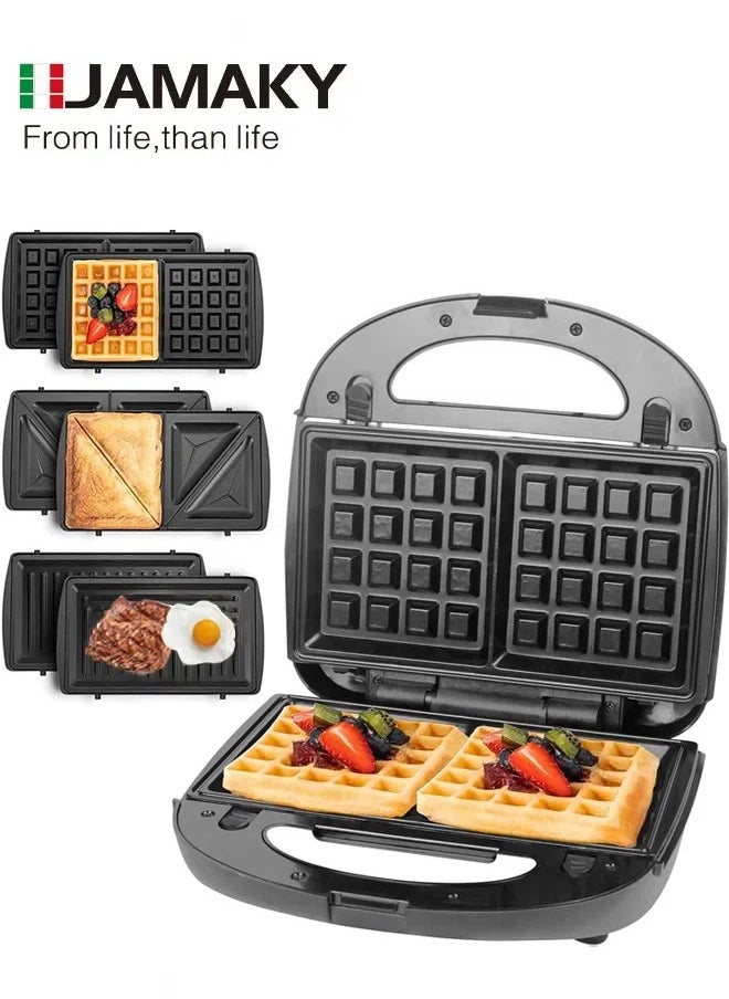 JAMAKY 3-In-1 Non-Stick Multi Snacks Maker With Sandwich/Electric Panini Press/Waffle Maker,Detachable Plates 1500W Black/Silver JMK2011  - Image 1