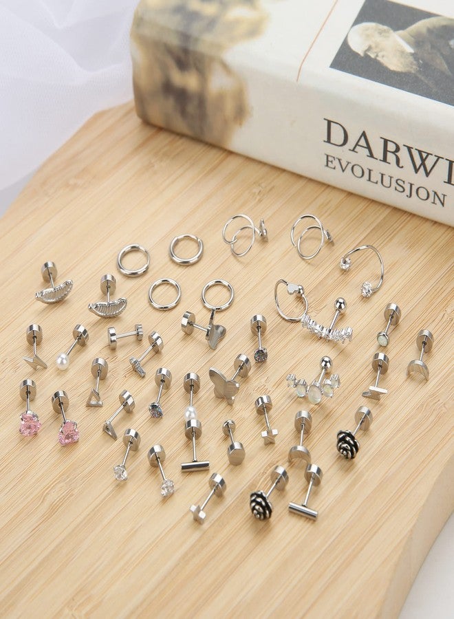 Staligue Stainless Steel Earrings,Staligue 19 Pairs Flat Back Earrings and Cartilage Hoop Earrings for Women Hypoallergenic Flat Back Stud Earrings Heart Opal Star Moon 20g Tiny Screw Back Cartilage Earring - Image 4