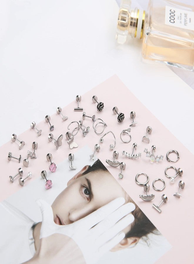 Staligue Stainless Steel Earrings,Staligue 19 Pairs Flat Back Earrings and Cartilage Hoop Earrings for Women Hypoallergenic Flat Back Stud Earrings Heart Opal Star Moon 20g Tiny Screw Back Cartilage Earring - Image 3