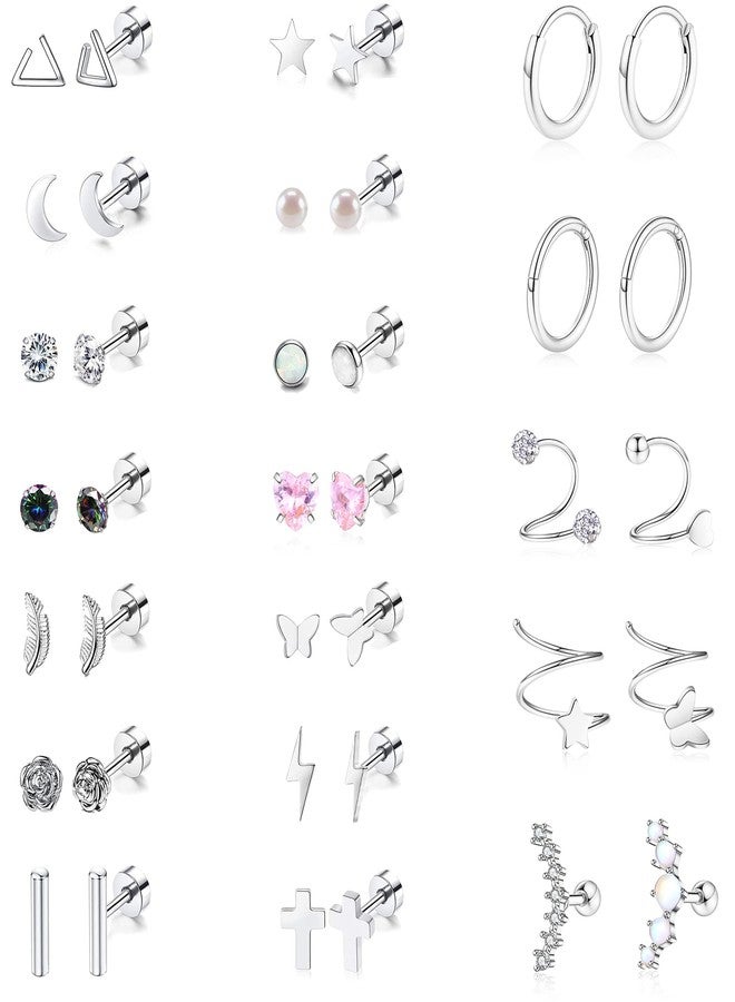 Staligue Stainless Steel Earrings,Staligue 19 Pairs Flat Back Earrings and Cartilage Hoop Earrings for Women Hypoallergenic Flat Back Stud Earrings Heart Opal Star Moon 20g Tiny Screw Back Cartilage Earring - Image 1