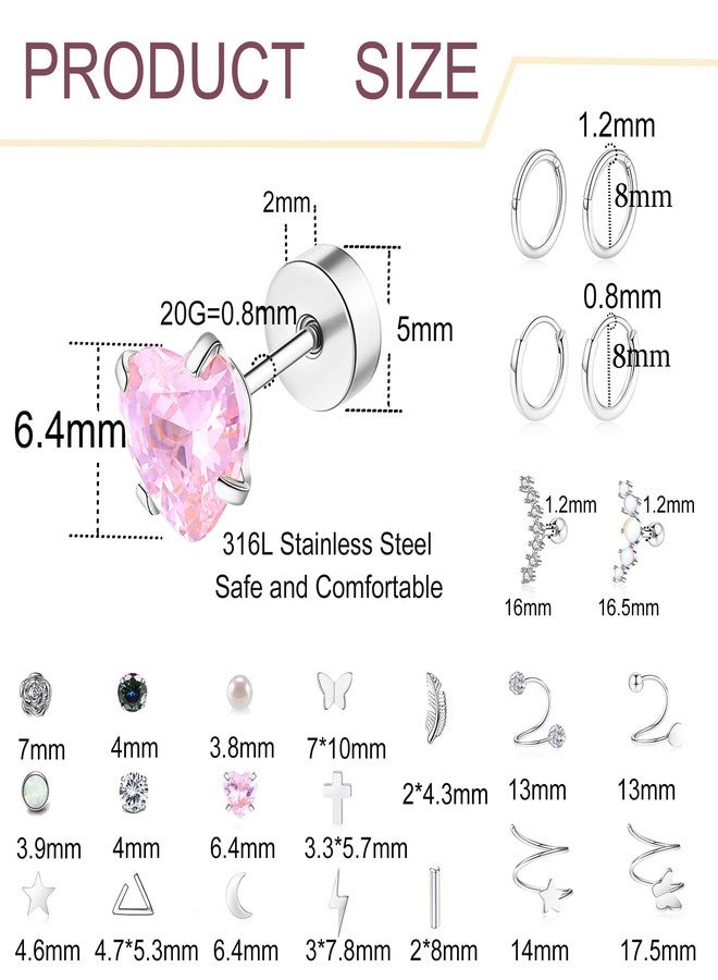 Staligue Stainless Steel Earrings,Staligue 19 Pairs Flat Back Earrings and Cartilage Hoop Earrings for Women Hypoallergenic Flat Back Stud Earrings Heart Opal Star Moon 20g Tiny Screw Back Cartilage Earring - Image 2