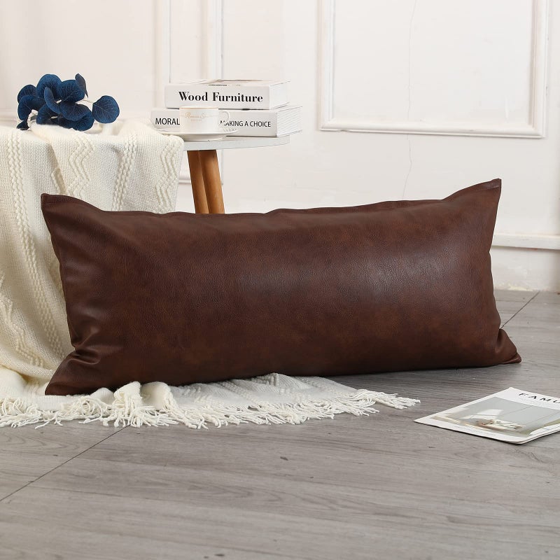 PANOD Decorative Lumbar Throw Pillow Covers 14 x 36 Premium Faux Leather Long Pillow Covers Cushion Case for Farmhouse Sofa Couch Bed Livingroom Modern Boho Vegan Dark Brown - Image 2